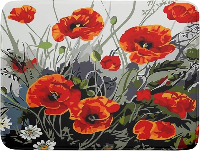 Poppy Dish Drying Mat 18x24 inch for Kitchen Vintage Red Orange Floral Dish Drying Pad Oil Painting Flower Dish Drainer Mats Absorbent Microfiber Protector for Countertop Coffee Bar