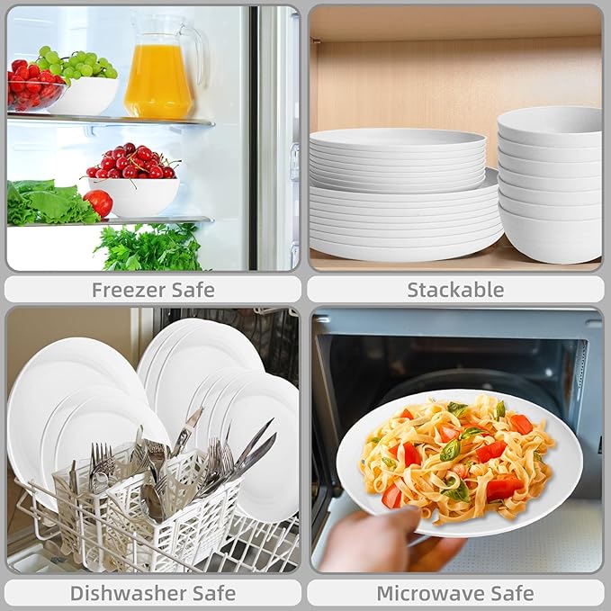 White Plate Set Dishes Set for 8 includes Dinner Plates,Pasta Bowls,Soup Bowls and Drinking Cups,Unbreakable White Dining Dishware Sets Microwave Dishwasher Safe For Kitchen Dorm Office Outdoor,32PCS