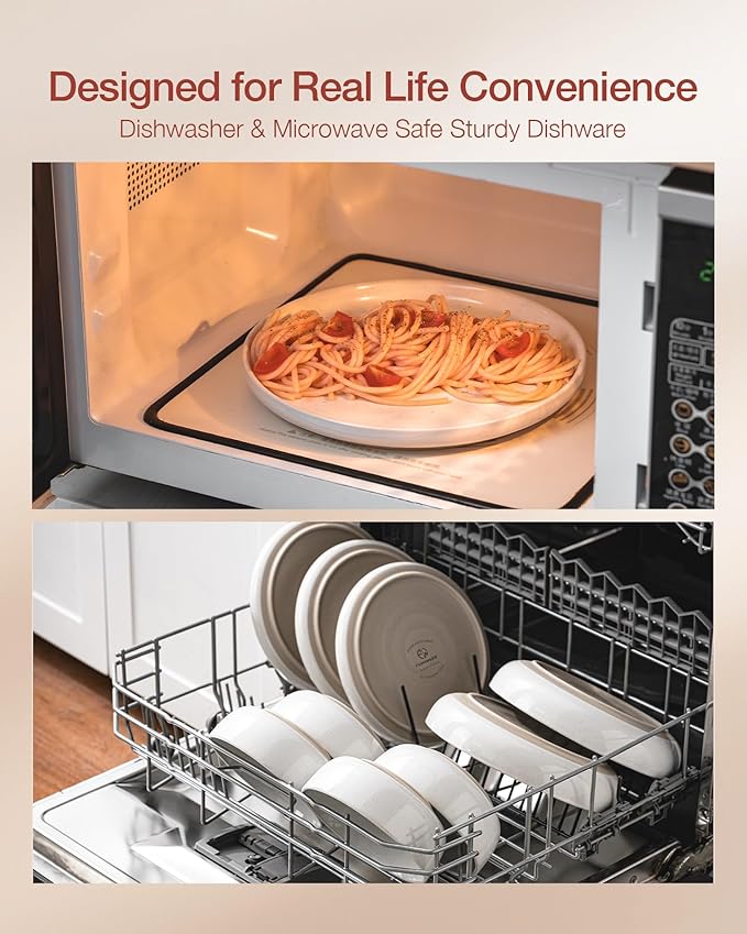 Famiware Milkyway Dinnerware Set with Mugs, Service for 4 (16pcs), Ribbed Stoneware Plates and Bowls Dishes Sets - Chip & Scratch Resistant, Microwave & Dishwasher Safe, White