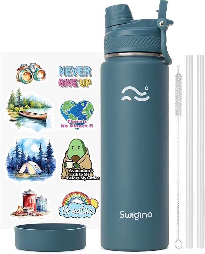 [2-IN-1 LID] Insulated Water Bottle with Silicone Boot (36hrs Cold/18hrs Hot) - DIY Stickers, Leakproof, BPA Free, 24 oz