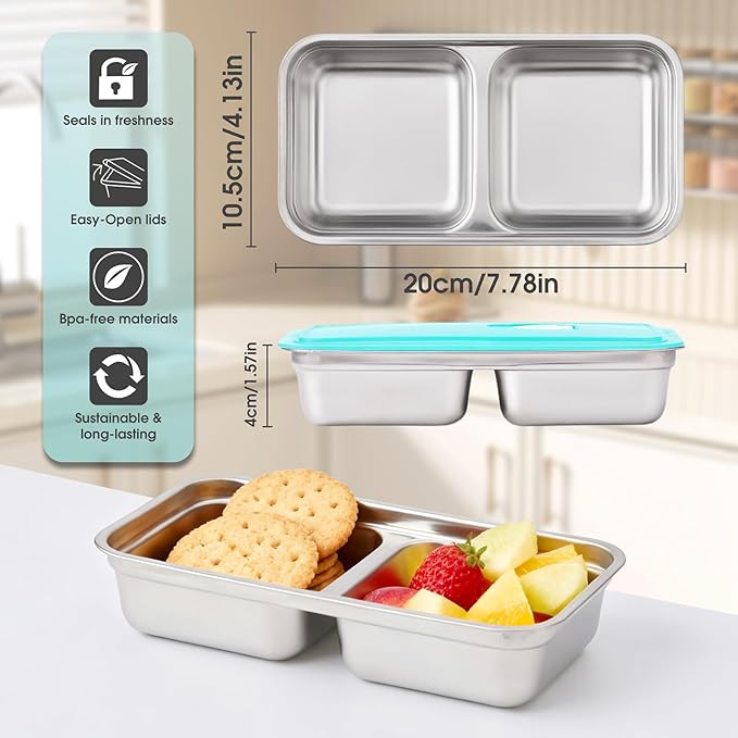 Stainless Steel Snack Containers,Reusable 2 Compartment Stainless Snack Containers with Lids,Stainless Steel Food Storage Containers,Metal Snack Lunch Meal Prep Containers,Bento Box 2 Pack