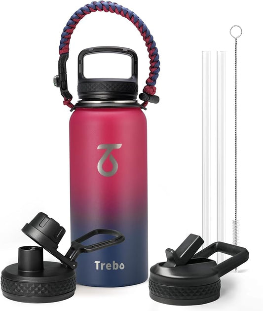 Trebo 32oz Water Bottle Insulated with Paracord Handle and Straw,Vacuum Double Wall Stainless Steel Water Jug Keep Cold 48 Hours, Water Flask with 3 Lids for Men Women Sports,Travel,Ruby Red
