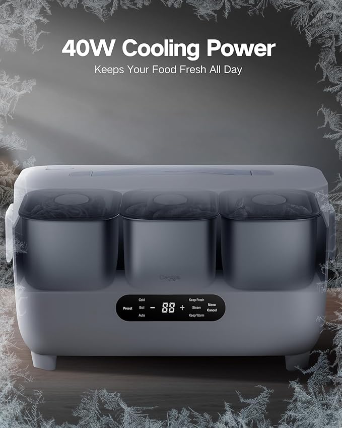 110V Plug-in Multi-Function Electric Cooling Lunch Box with 5.5-Cup Automatic Heating Portable Food Warmer with Removable Tray Divider for Office Work Travel (White)