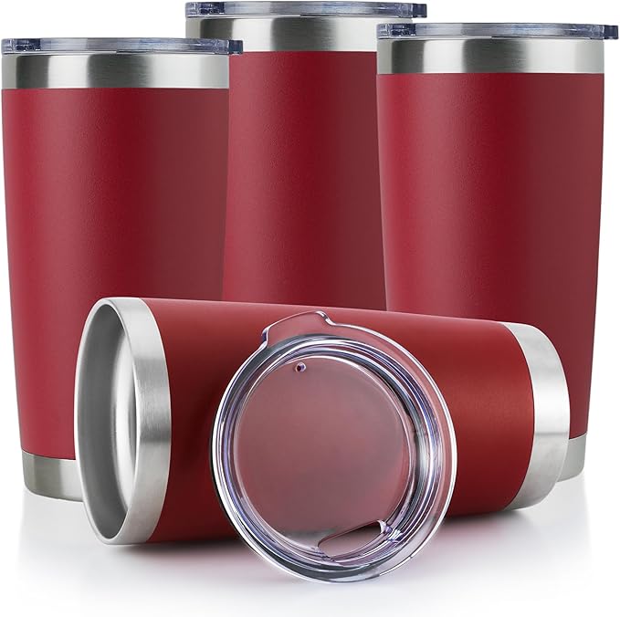 DOMICARE 20oz Stainless Steel Tumbler Bulk with Lid, Double Wall Vacuum Insulated Travel Mug, Powder Coated Coffee Cup (Powder Red, 4)
