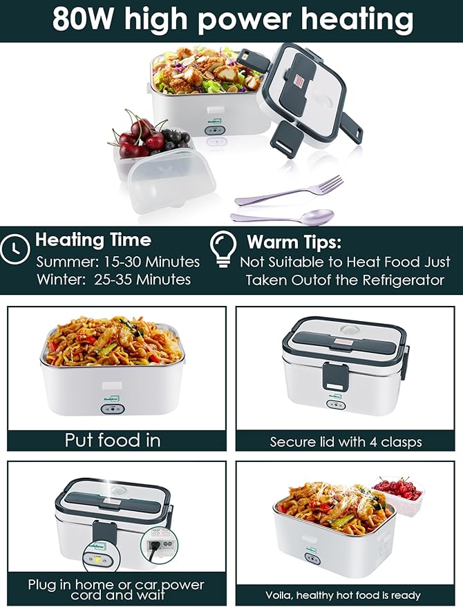 Buddew Electric Lunch Box for Adults, 80W Heated Lunch Box 1.8L Stainless Steel Portable Food Warmer,12/24/110V Lonchera Electrica Portatil for Travel & Work, Loncheras para Hombres de Trabajo(Gray)