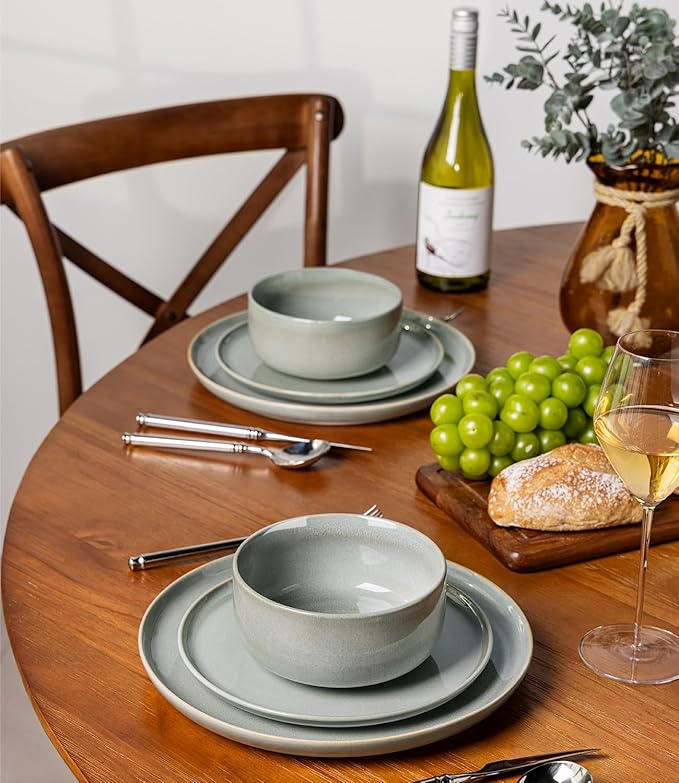 TheTerra Ceramic Dinnerware Sets for 4, 12 Pieces Handmade Reactive Glaze Plates and Bowls Set, Scratch Resistant Dish Set, Oven & Microwave & Dishwasher Safe, Sea Foam