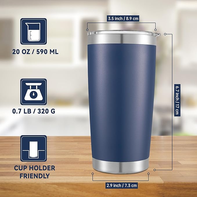20 oz Tumblers Bulk Stainless Steel Tumbler with Lid Double Wall Vacuum Insulated Coffee Mug 20oz Powder Coated Cup for Hot and Cold Drinks, Navy, 6 pack