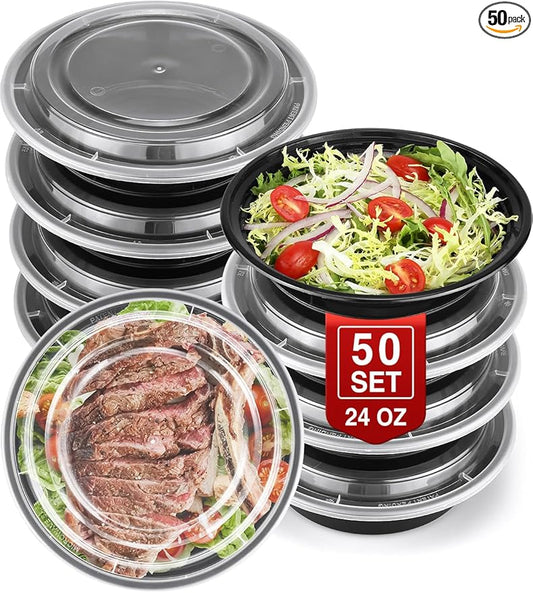 50 Sets 24oz Meal Prep Container - Reusable Plastic Food Storage Containers with Lids, Fits Microwave, Freezer and Dishwasher Safe