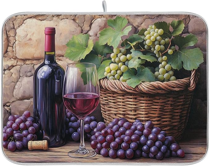 Wine Bottle Wine Glass Grapes Dish Drying Mat for Kitchen Counter Super Absorbent Dishes Pad Reversible Microfiber Protector Dish Draining Mats 18x24 inch