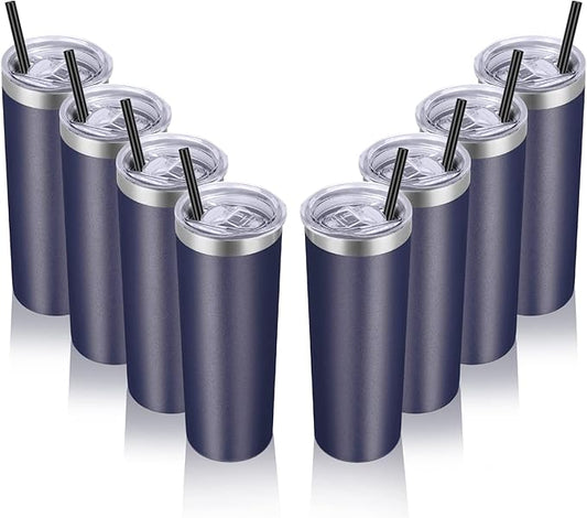 VEGOND Stainless Steel Tumblers Bulk 8 Pack, 20 oz Vacuum Insulated Skinny Tumblers with Lid and Straw, Double Wall Coffee Mug, Travel Water Cup, Navy Blue