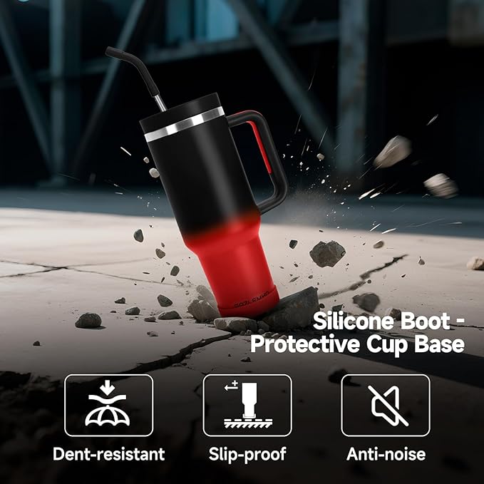 40oz Tumbler with Handle and Straw Spout 2-in-1 Lid, Spill Leak Proof Insulated Travel Cup Traveler Water Mug Keep Cold Hot, Dishwasher Safe Stainless Steel Bottle Gifts for Women Men, Black Red