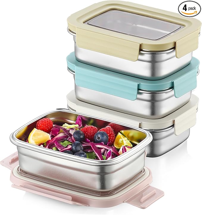 BEFOY 4PCS Stainless Steel Snack Container with Lids 22.8oz Meal Prep freezer Bento Lunch Snack Boxes for Leak Proof & Airtight,Reusable & Stackable (white, yellow, pink,green)