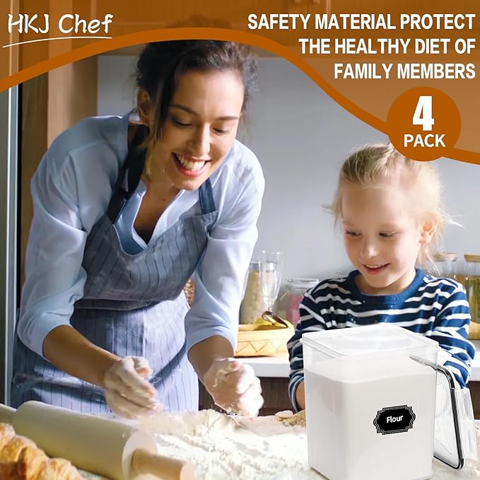 4 Pack Large Airtight Food Storage Containers with Lids (5.2L / 176oz), BPA Free Plastic Kitchen and Pantry Organization Contianers for Cereal Flour and Sugar Storage, Labels & Marker