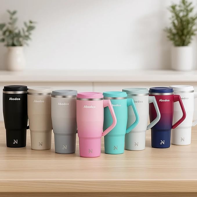 32 oz Travel Coffee Tumbler with Rotating Handle, Straw & Leakproof Lid – Insulated Stainless Steel Mug Reusable Water Flask for Hot & Cold Drinks – Fits Car Cup Holders (White)