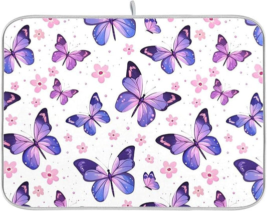 Pink Purple Butterfly Flower Dish Drying Mat for Kitchen Counter Absorbent Dish Drainer Mats Drying Pads 18"x24"