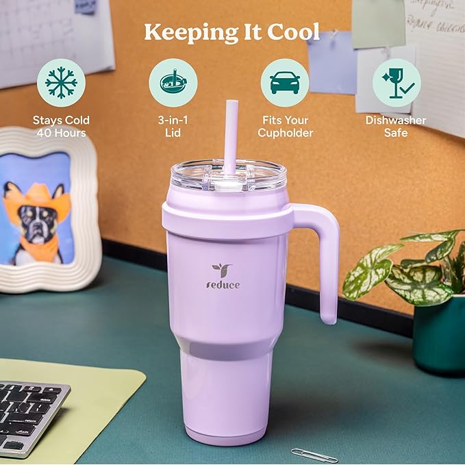 REDUCE 40 oz Stainless Steel Tumbler with Handle - Dual-Wall Vacuum Insulated Travel Mug, Sweat-Proof Lid & Reusable Straw - Keeps Drinks Cold for 24 Hrs, Fits Cupholders, Dishwasher Safe - Pineapple