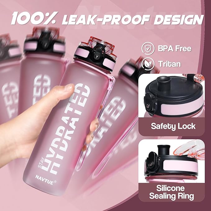 Water Bottle, 32oz Sports Water Bottles with Time Marker Wide Mouth, Motivational and Leakproof Drink Bottle, BPA Free Tritan with Carry Strap for Gym Fitness Outdoor(Direct Drink 1 Bottle)