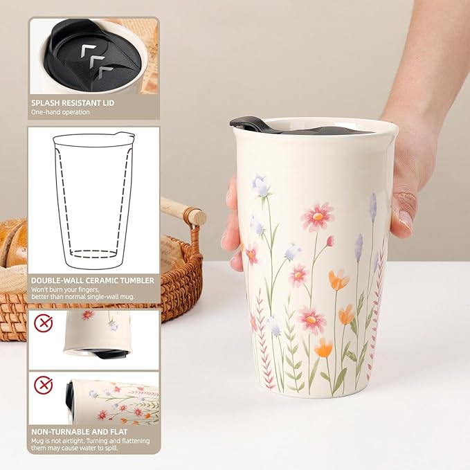 ANTIS'S HOME Ceramic Travel Mug with Lid, Flower Pattern Beige Double Wall Coffee Mug Tumbler, Reusable Tall Cup, Splash Resistant Lid, Dishwasher Microwaveable Safe