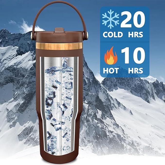 30 oz Tumbler with Handle and Straw, Vacuum Insulated Tumblers with Flip Straw and Top Handle, Leakproof Powder Coated Tumbler, Stainless Steel Travel Mug for Coffee Water (Browm, 1Pack)