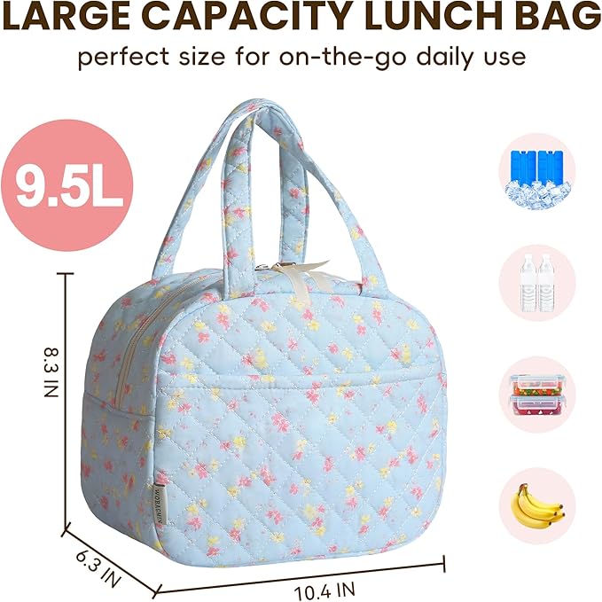 Quilted Lunch Box for Women,Insulated Cute Reusable Lunch Bag with Front Pocket,Pink Flower Stylish Lunch Tote Bag for Work, Office,Picnic, Travel,School (pink yellow floral)