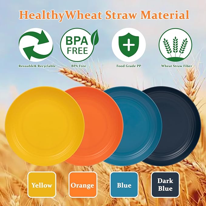 Supernal Wheat Straw Dinner Plates Reusable &Durable Plastic Plates Plastic Dinnerware 16-Pack (4 Orange, 4 Yellow, 4 Blue, 4 Dark Blue), Perfect for Dinner,Party,Outdoor Use