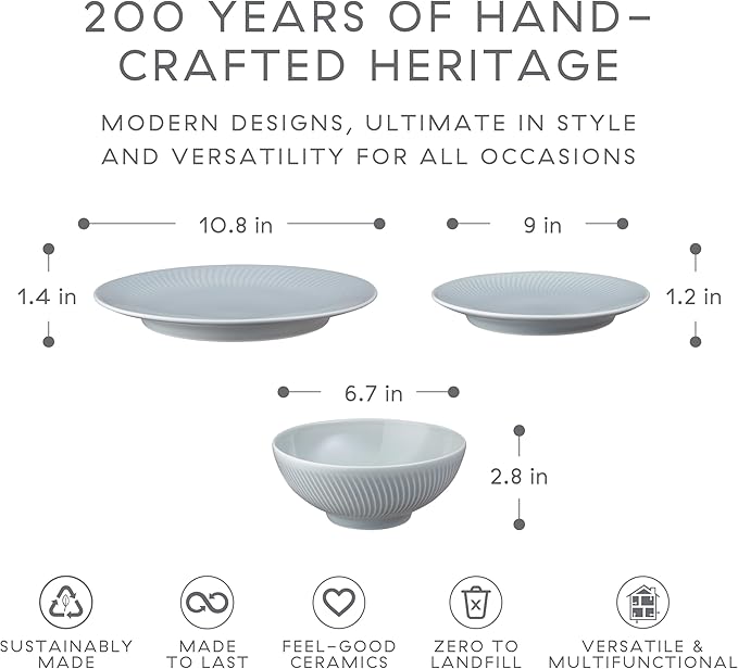 Denby - Arc Grey Porcelain Dinner Set For 4-12 Piece Textured Tableware Set For Any Occasion - Dishwasher Microwave Oven Safe - Scratch Chip Resistant