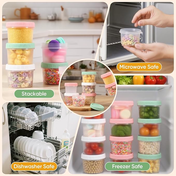 ASEVAT 6.8oz 6Pack Small Food Containers with Lids Salad Dressing Container Reuseable Snack Container Plastic Jar Freezer Storage Jars, Leakproof/Microwave/Dishwasher Safe