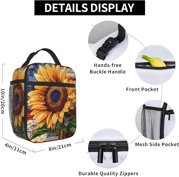 Sunflower Lunch Box for Kids Aldults, Patriotic Floral Reusable Thermal Insulation Cooler Tote Bags, American Flag Rustic Bloom Insulated Bag for Student, School Picnic Camping Travel, Gifts