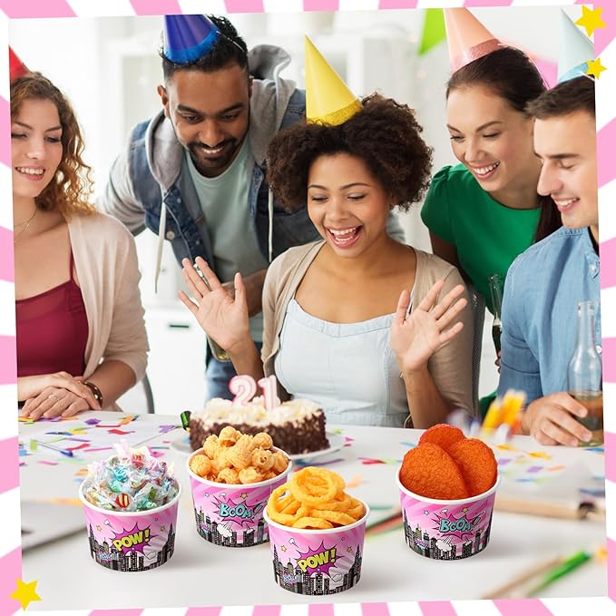 50 Pack Pink Hero Treat Snack Cups Girl Pink Comic Hero Ice Cream Cups 9 oz Super Theme Disposable Dessert Bowls Paper Soup Bowls for Hot or Cold Food for Birthday Baby Shower Party Supplies