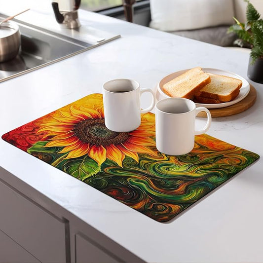Watercolor Sunflower Dish Drying Mat for Kitchen Counter Microfiber Super Absorbent Non-Slip Dish Drying Pad for Countertops Dishes Utensils Stylish Quick-Dry Machine Washable 18x24 Inch