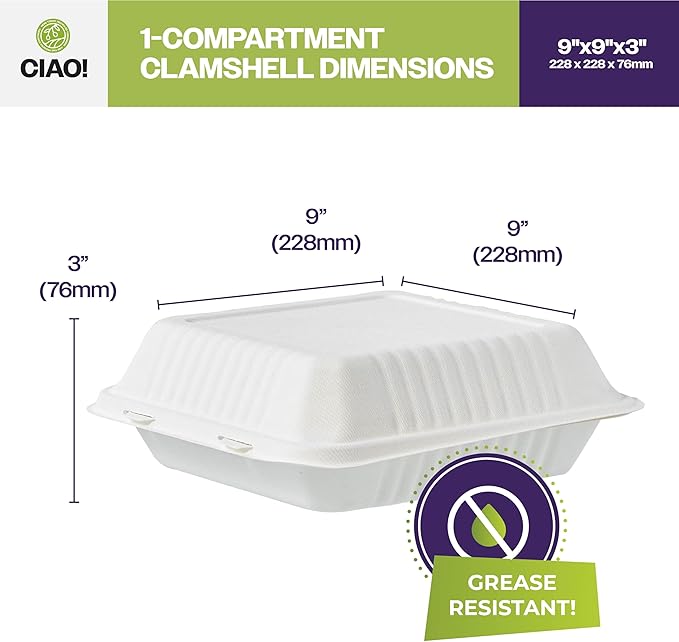 CIAO! 9"x9"x3" Clamshell 1 Compartment 100% Compostable Ecofriendly PFAS Free Unbleached Bagasse Natural White (200/case)