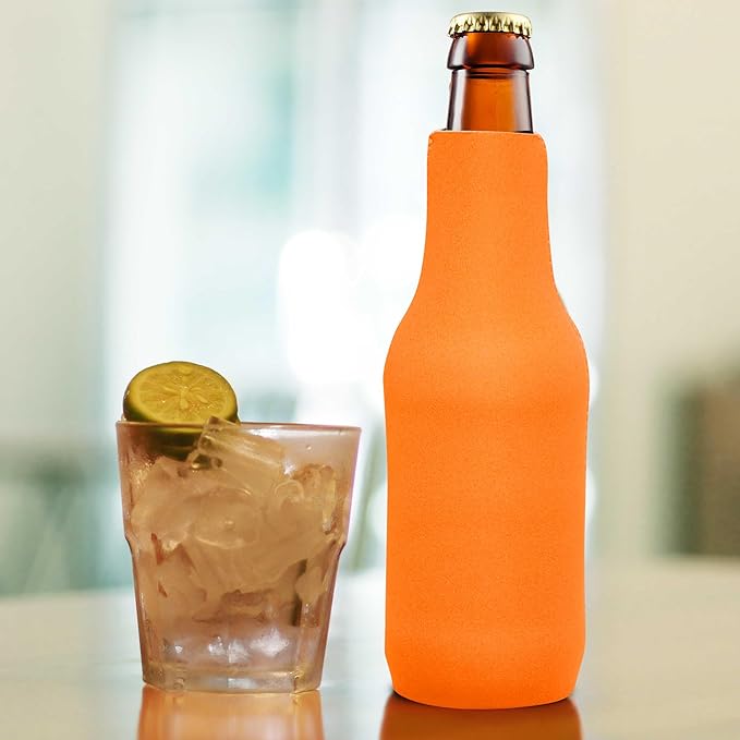 10 Neoprene Zippered Beer Bottle Coolies Pack - Sharkskin Rubber Bottom - Neon Orange