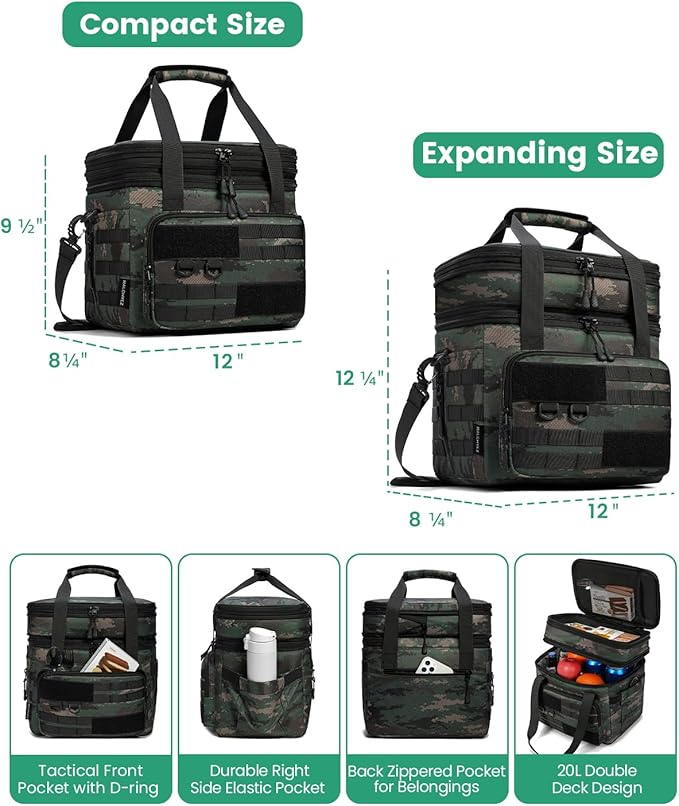 RalChyez Tactical Lunch Bag, 20L Large Heavy Duty Double Deck Insulated Lunch Box Leakproof Expandable Tote Cooler with Shoulder Strap for Adult Men Women Work Fishing Picnic Travel Acu Camo