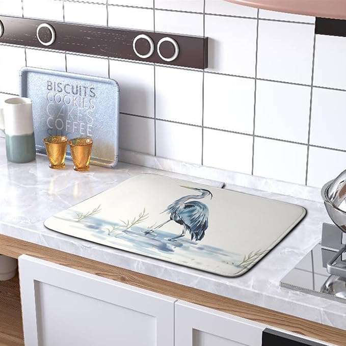 Summer Dish Drying Mat Blue White Heron Beach Absorbent Microfiber Drying Mats for Kitchen Counter Coastal Nautical Birds Dishes Drainer Mat 16x18 Inch