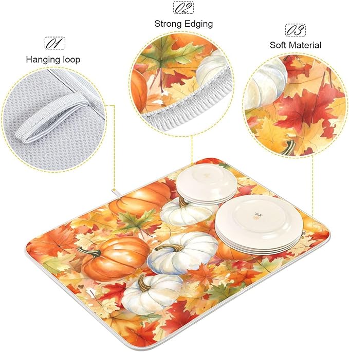 Watercolor Pumpkins Autumn Leaves Dish Drying Mat for Kitchen Counter Super Absorbent Dishes Pad Reversible Microfiber Protector Dish Draining Mats 18x24 inch