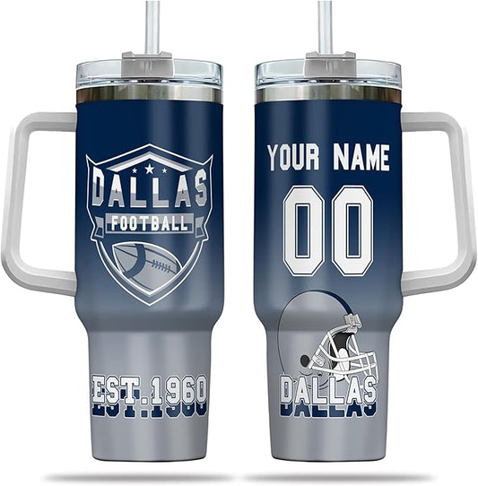 Custom Insulated 40oz Football Travel Cup with Handle & Straw, Stainless Steel Personalized Tumbler, Name & Number Mug, Sports Fan Gift for Men Women (Dallas)