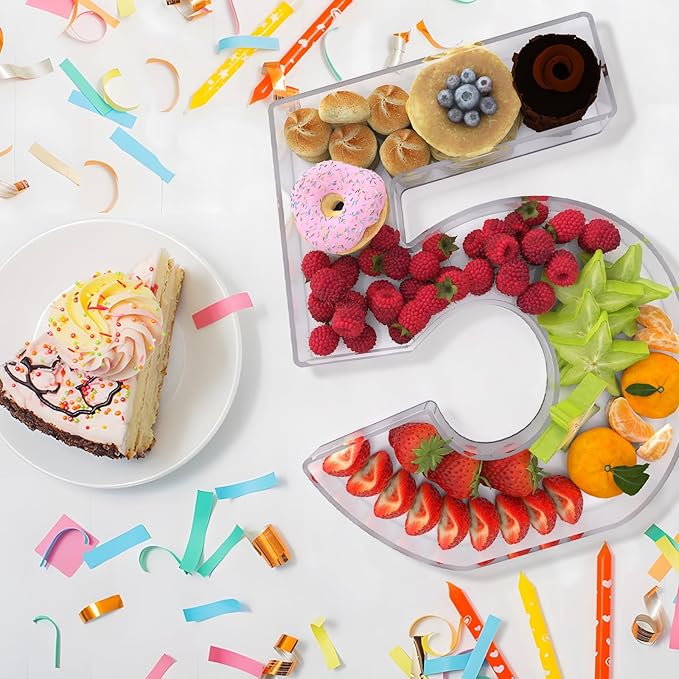 13.8" Extra Large Acrylic Number Charcuterie Board Box, Reusable Fillable Number Cake Candy Dish Display Serving Tray for Birthday Anniversary Party Decoration (5)