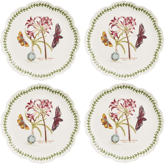 Portmeirion Botanic Garden Lotus Blossom Dinner Plates, Set of 4 - Mexican Lily Porcelain Plates with Butterfly Motif, 11.25" Floral Shape for Dining or Display - Oven, Microwave & Dishwasher Safe