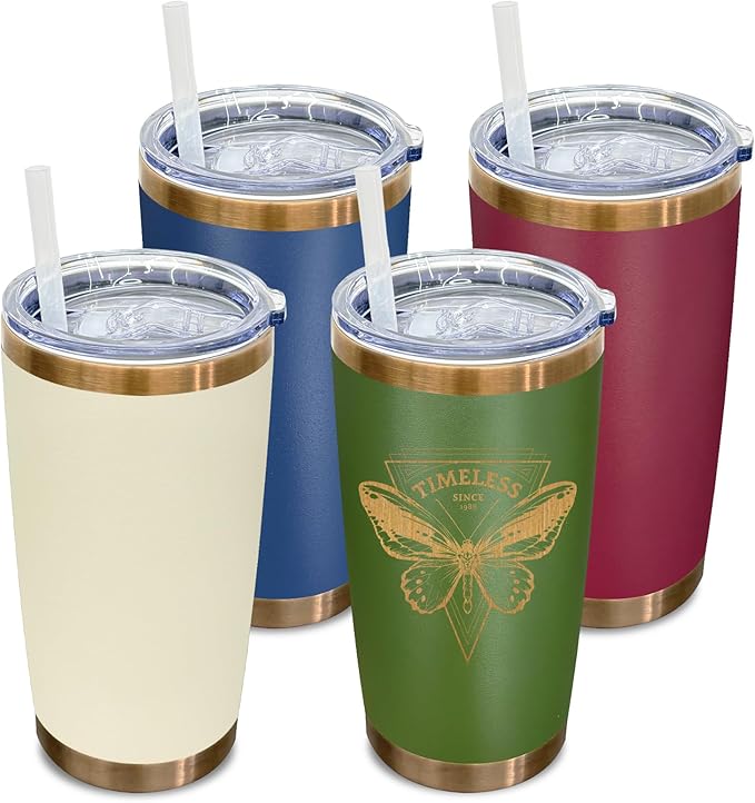 20 oz Tumbler Bulk 4 Pack Stainless Steel Tumbler with Lid and Straw, Double Wall Vacuum Insulated Travel Coffee Mug for Laser Engrave, Powder Coated Cup for Hot and Cold Drinks (Mixed,4 pack)