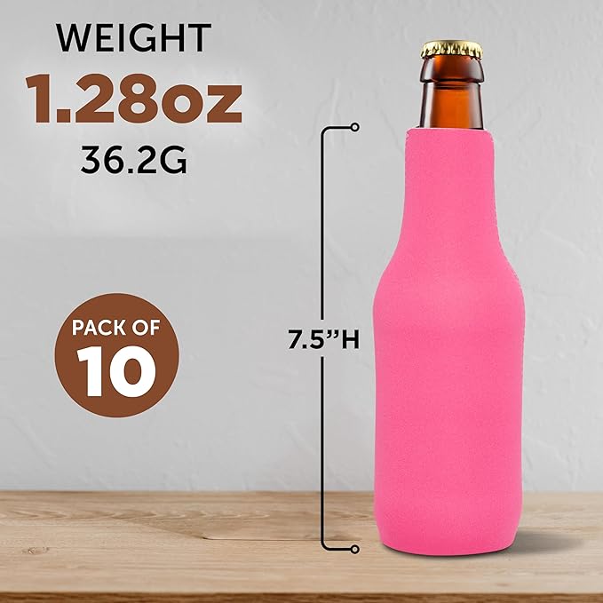 10 Neoprene Zippered Beer Bottle Coolies Pack - Sharkskin Rubber Bottom - Neon Pink