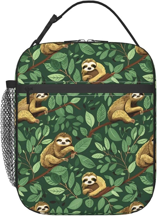 Reusable Sloth Lunch Box for Kids Girls Boys Women Adult, Insulated Cute Tropical Lunch Bag,Polyester Cooler Handbags Case for School Picnic Work Travel Beach or Hiking (Green)