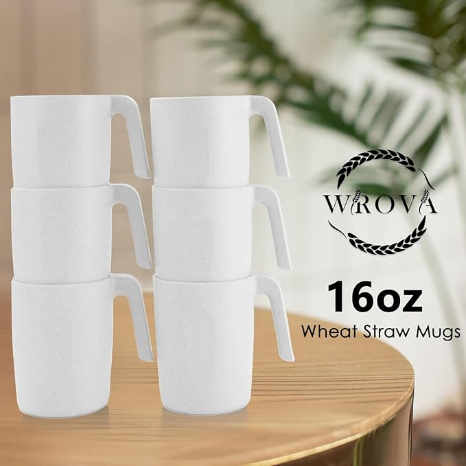 Wrova Wheat Straw Cups with Handles 16oz -Plastic Cups Reusable Set of 6-Unbreakable Coffee Mugs- Microwave & Dishwasher Safe Mug-Ideal Plastic Mugs for Tea,Coffee,Camping,RV-White