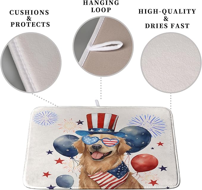 4th of July Patriotic Dog Dish Drying Mat 18 x 24 Inch US Independence Day Blue White Red Kitchen Drying Mat Firework Holiday Dish Drainer Mats Super Absorbent Dish Rack Pad for Kitchen Counter
