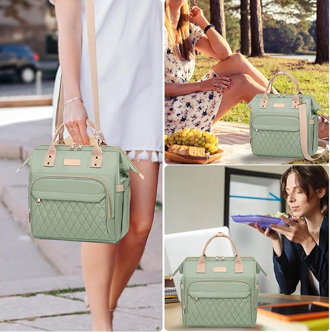 AIJIEKE Lunch Bag for Women, Large Lunch Box for Work Insulated Lunch Bag, Adult Leak Proof Lunch Tote Cooler Bag with Side Pockets & Adjustable Strap, Lunch Purse for Picnic Beach, Green