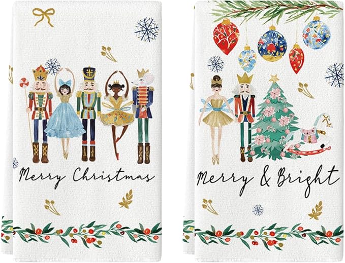 Artoid Mode Nutcrackers Xmas Balls and Trees Merry Christmas Kitchen Towels Dish Towels, 18x26 Inch Snowflakes Decoration Hand Towels Set of 2