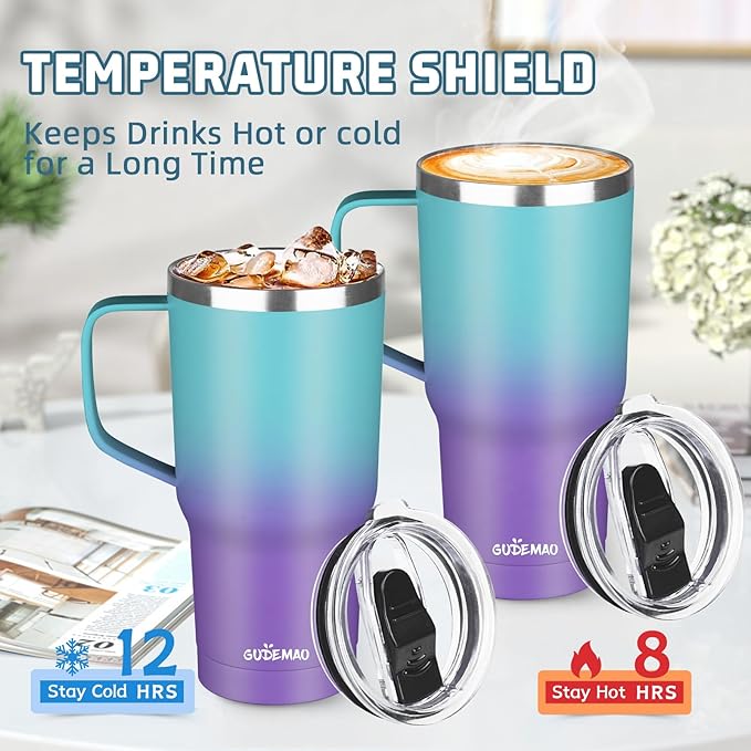 20 oz Insulated Coffee Mug with Ceramic Coating, Stainless Steel Travel Mug Tumbler with Handle Lid and Straw, Double Wall Leak-Proof Coffee Travel Mug Keeps Drink Hot and Cold (Azure Purple)