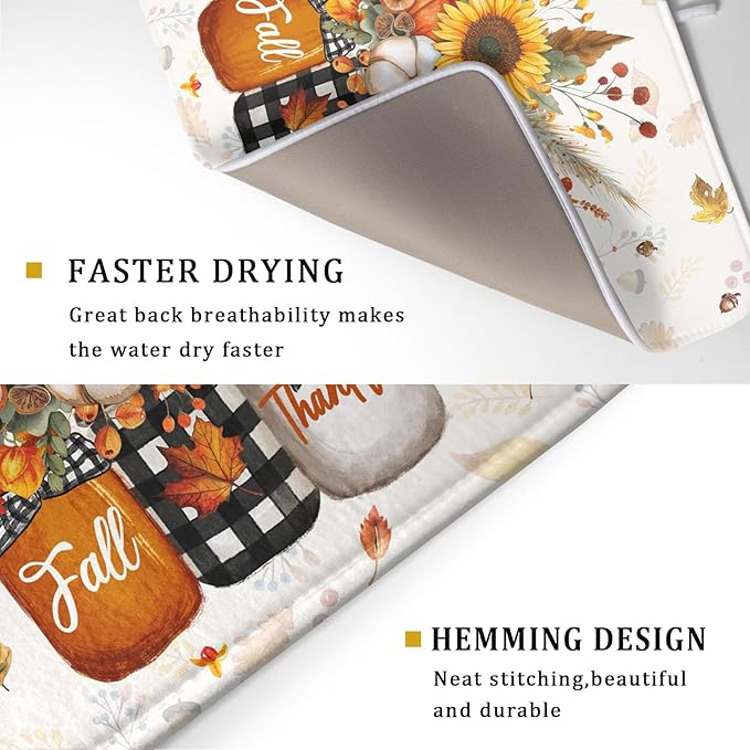 Autumn Pumpkin Dish Drying Mat 18x24 Inch Sunflower Flower Vase Washable Draining Mat with Hanging Loop Seasonal Holiday Home Decoration