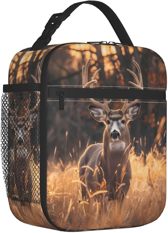 Reusable Sunset Deer Lunch Box for Kids, Insulated Autumn Leaf Fall Bag,Polyester Cooler Wildlife Lovers Handbags Case for School Picnic Work Travel Beach or Hiking, Gifts