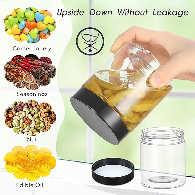 36PCS16OZ Plastic Jars with Screw On Lids, Labels Refillable Empty Round Slime Containers for Storing Dry Food, Honey Jam, Cream, Butter, Lotion (matte black)