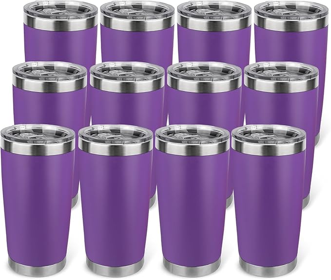 20oz Stainless Steel Tumbler Bulk with Lid, Travel Mug - Double Wall Vacuum Powder Coated Cup - Purple, 12 Pack
